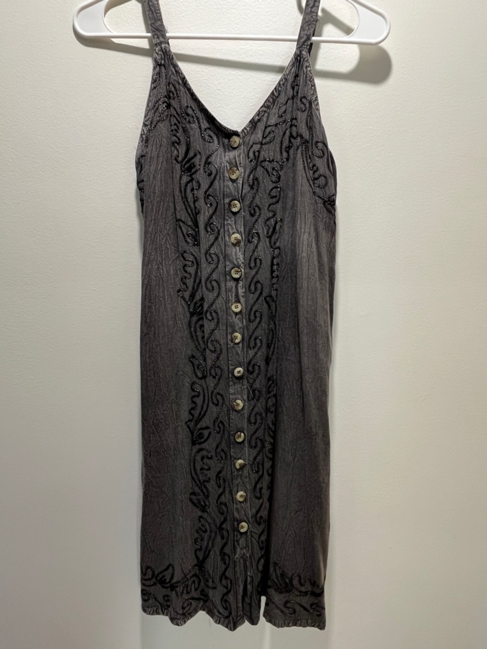Sleeveless Charcoal Gray Embroidered Button-Front Midi Dress